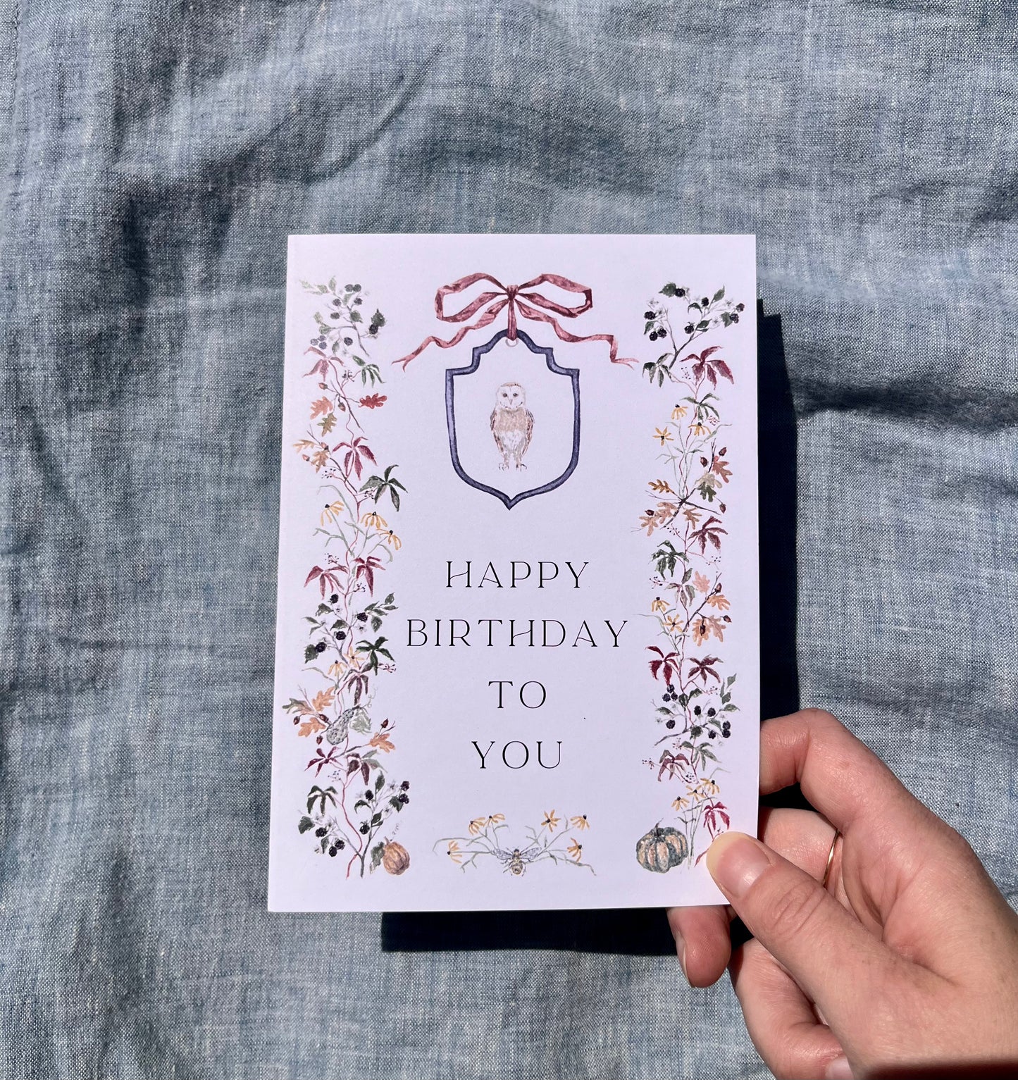 Autumn birthday card with owl, colorful botanical border and fall colors hand painted watercolor.