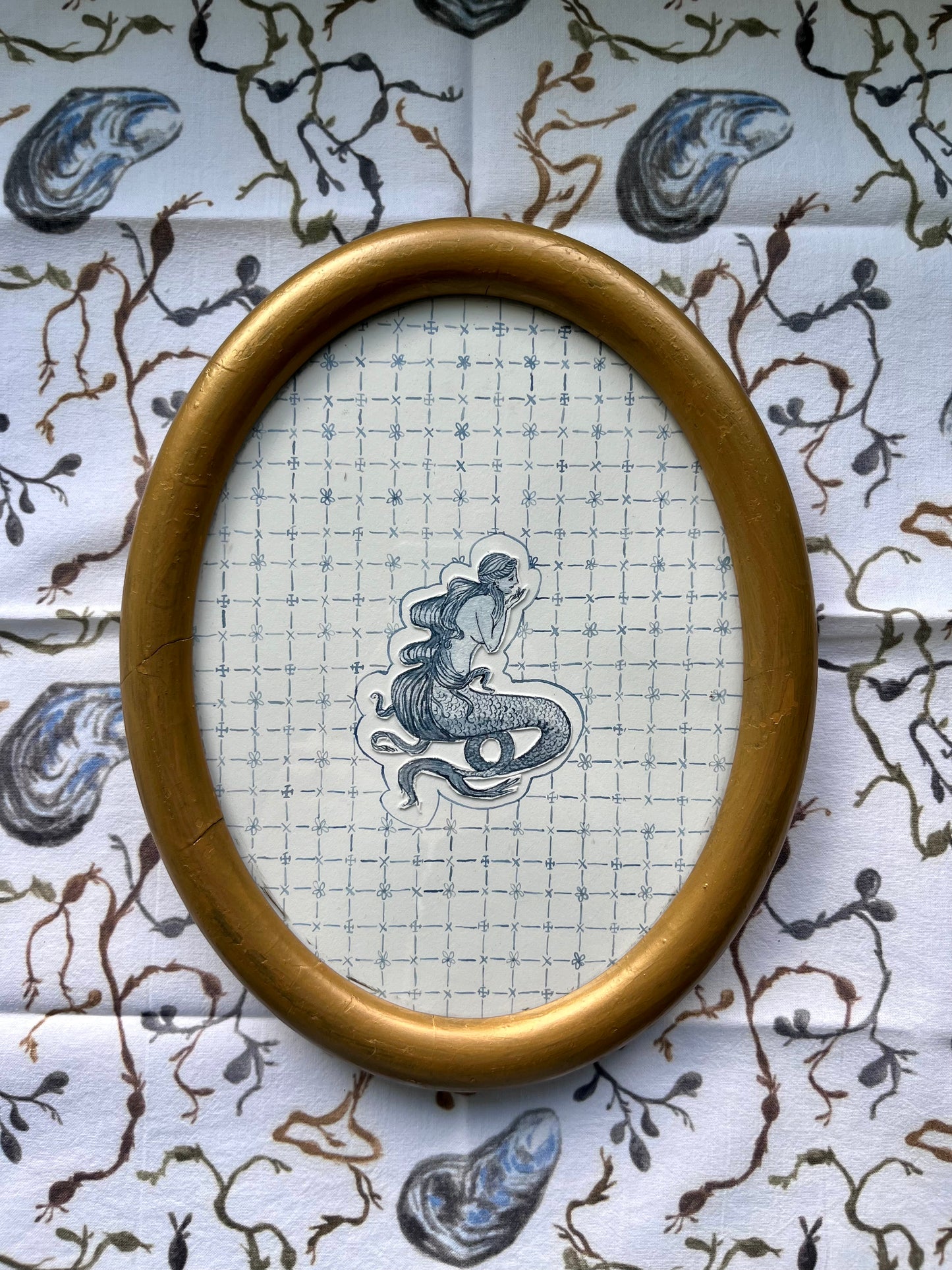 Original hand painted dusty blue watercolor mermaid with nautical detail.