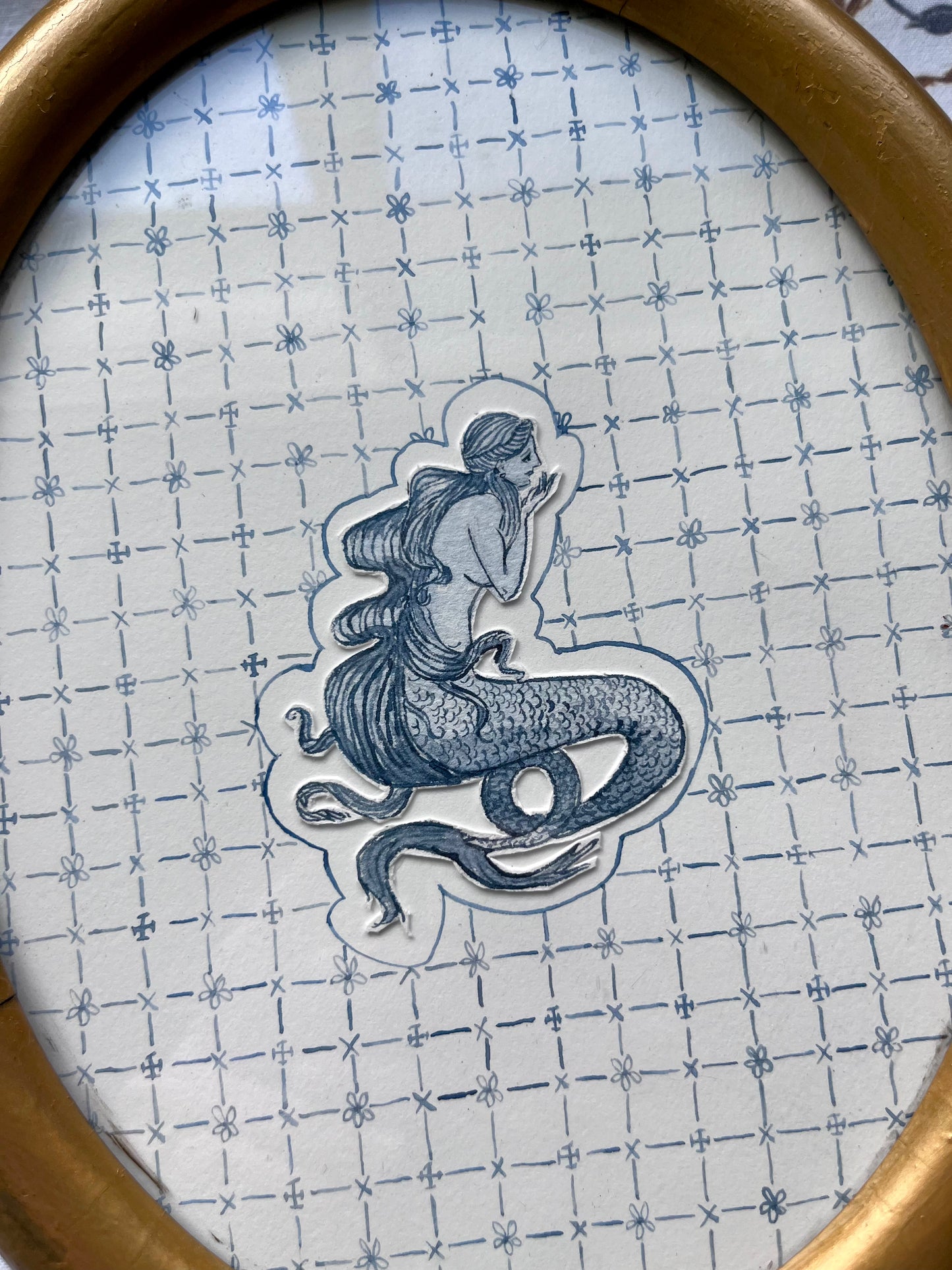 Original hand painted dusty blue watercolor mermaid with nautical detail.