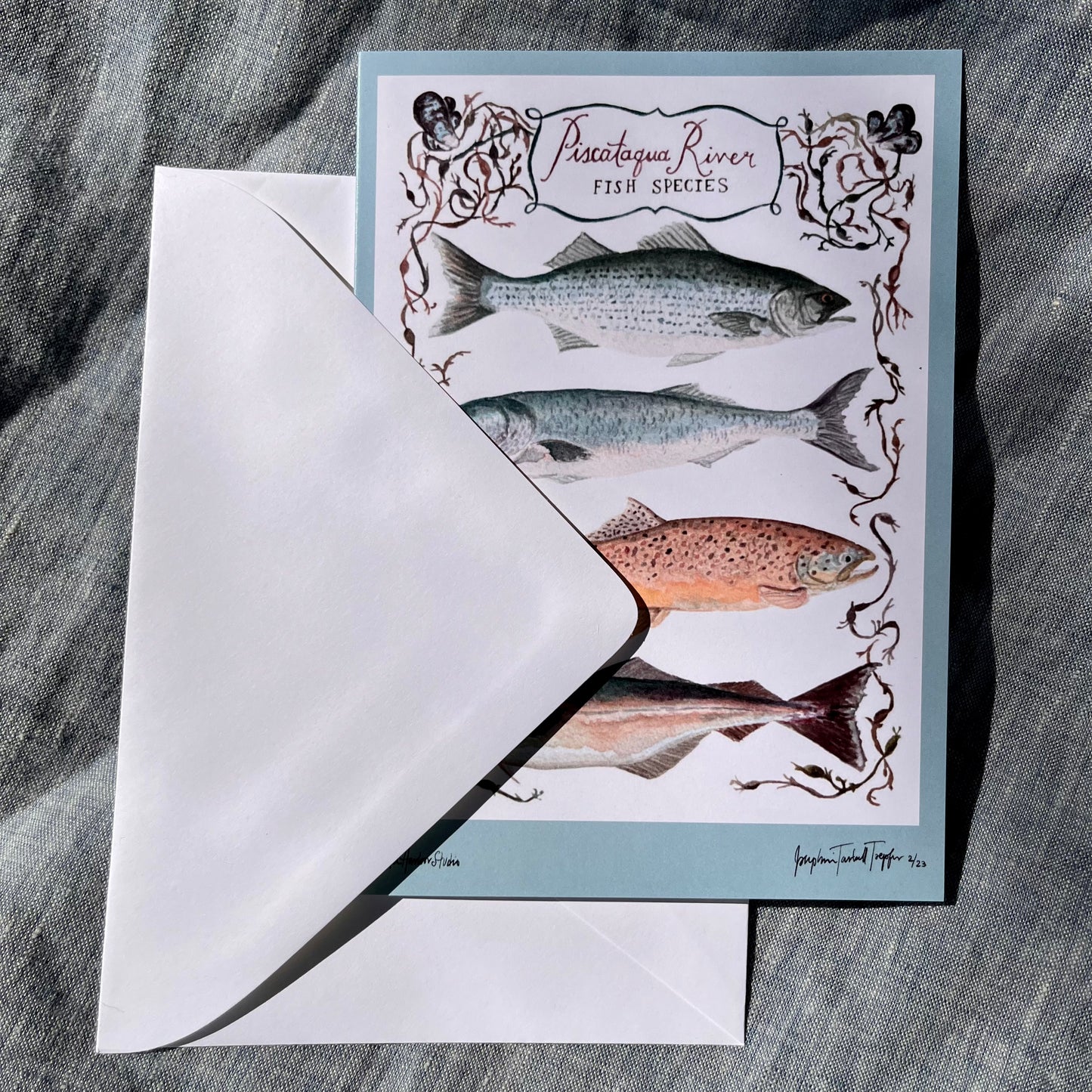 Hand painted greeting card with Piscataqua River fish including Striped Bass, Bluefish, Brown Trout & Polluck with hand painted seaweed and Atlantic mussels shells.