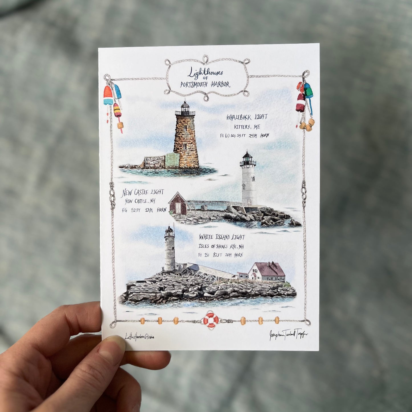 Hand painted greeting card with Lighthouses of Portsmouth Harbor, located between Portsmouth, New Hampshire & Kittery, Maine