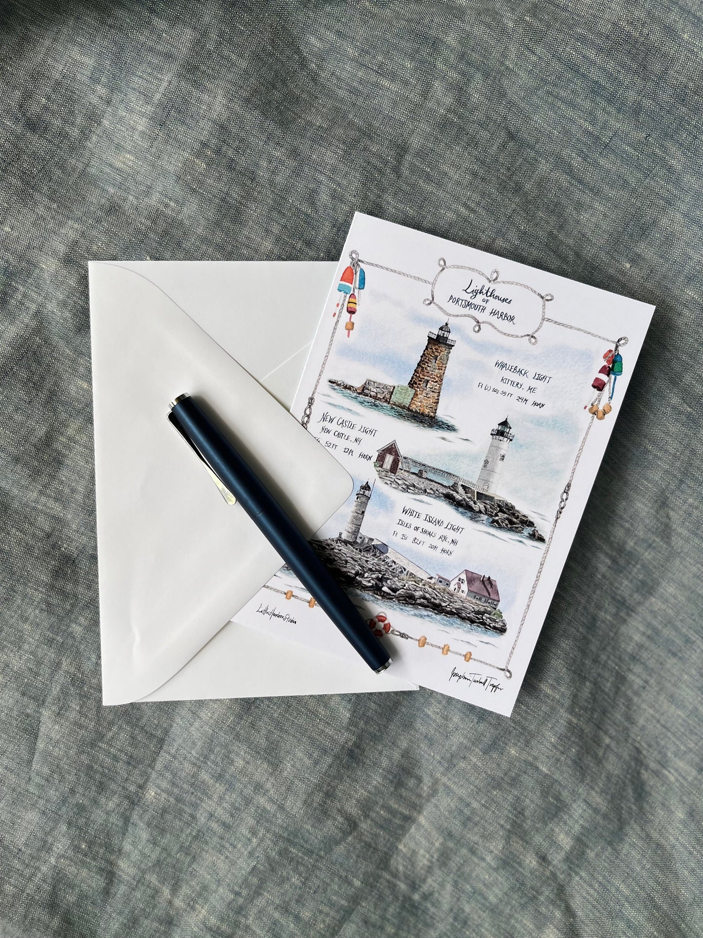 Hand painted greeting card with Lighthouses of Portsmouth Harbor, located between Portsmouth, New Hampshire & Kittery, Maine
