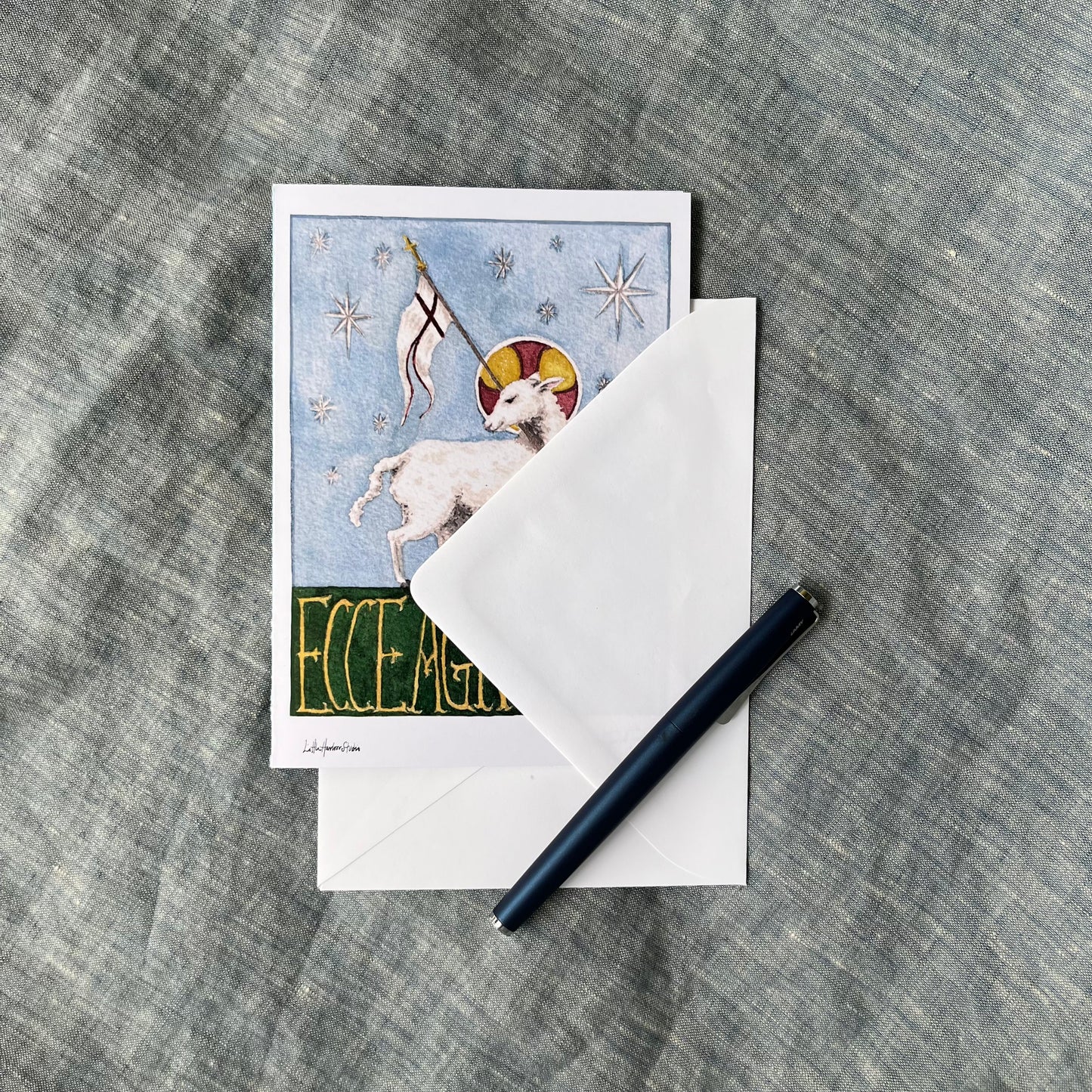 watercolor print of the Lamb of God. Ecce Agnus Dei is Latin for “Behold the Lamb of God.”
