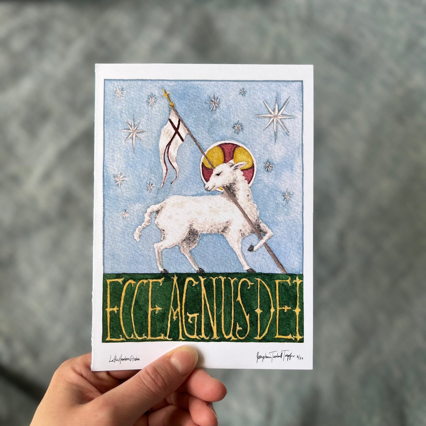 Watercolor print of the Lamb of God. Ecce Agnus Dei is Latin for “Behold the Lamb of God.”