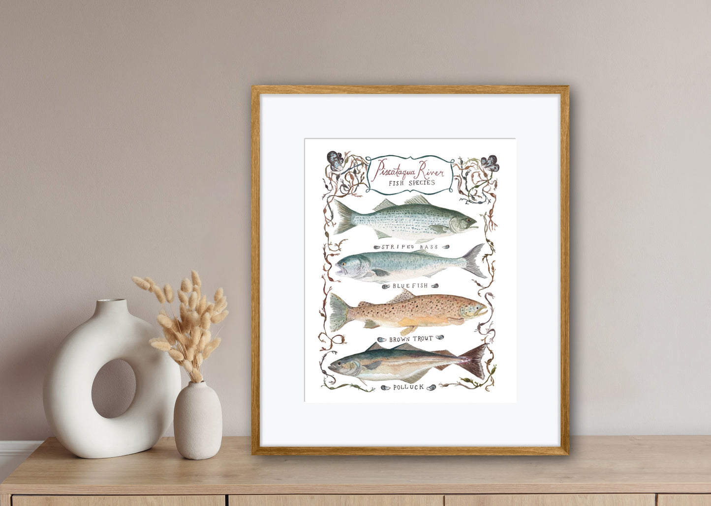 Fine art print with Piscataqua River fish including Striped Bass, Bluefish, Brown Trout & Polluck with hand painted seaweed and Atlantic mussels shells.