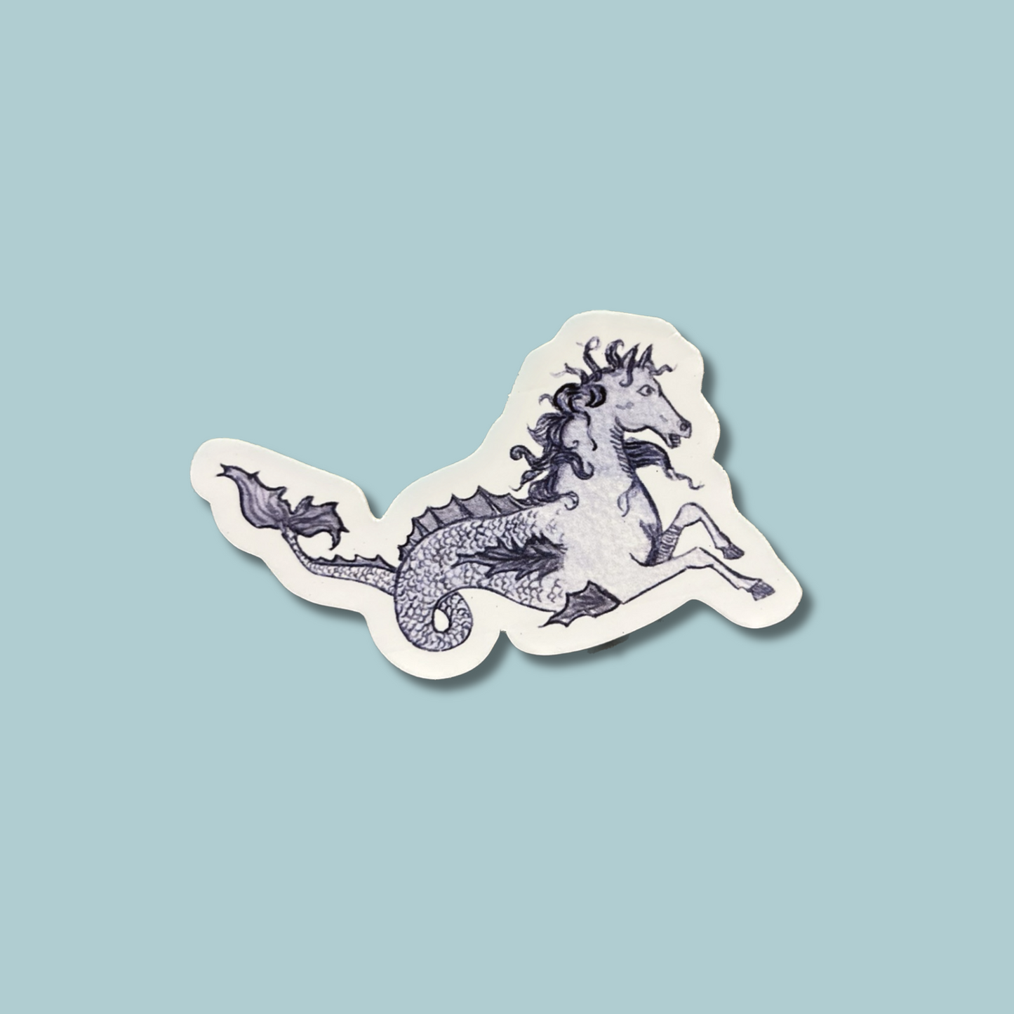 Dusty Blue sea horse sticker hand painted watercolor on waterproof vinyl.