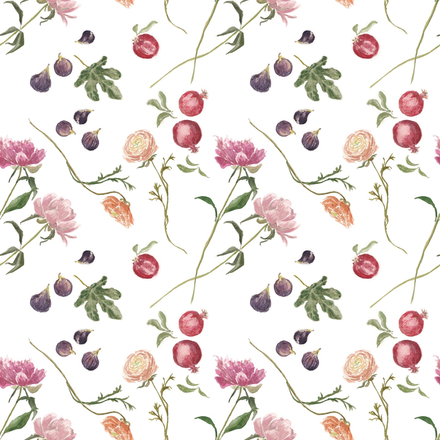 Madeleine tea towel with vibrant hand-painted watercolor pattern of peonies, ranunculus, figs and pomegranates.