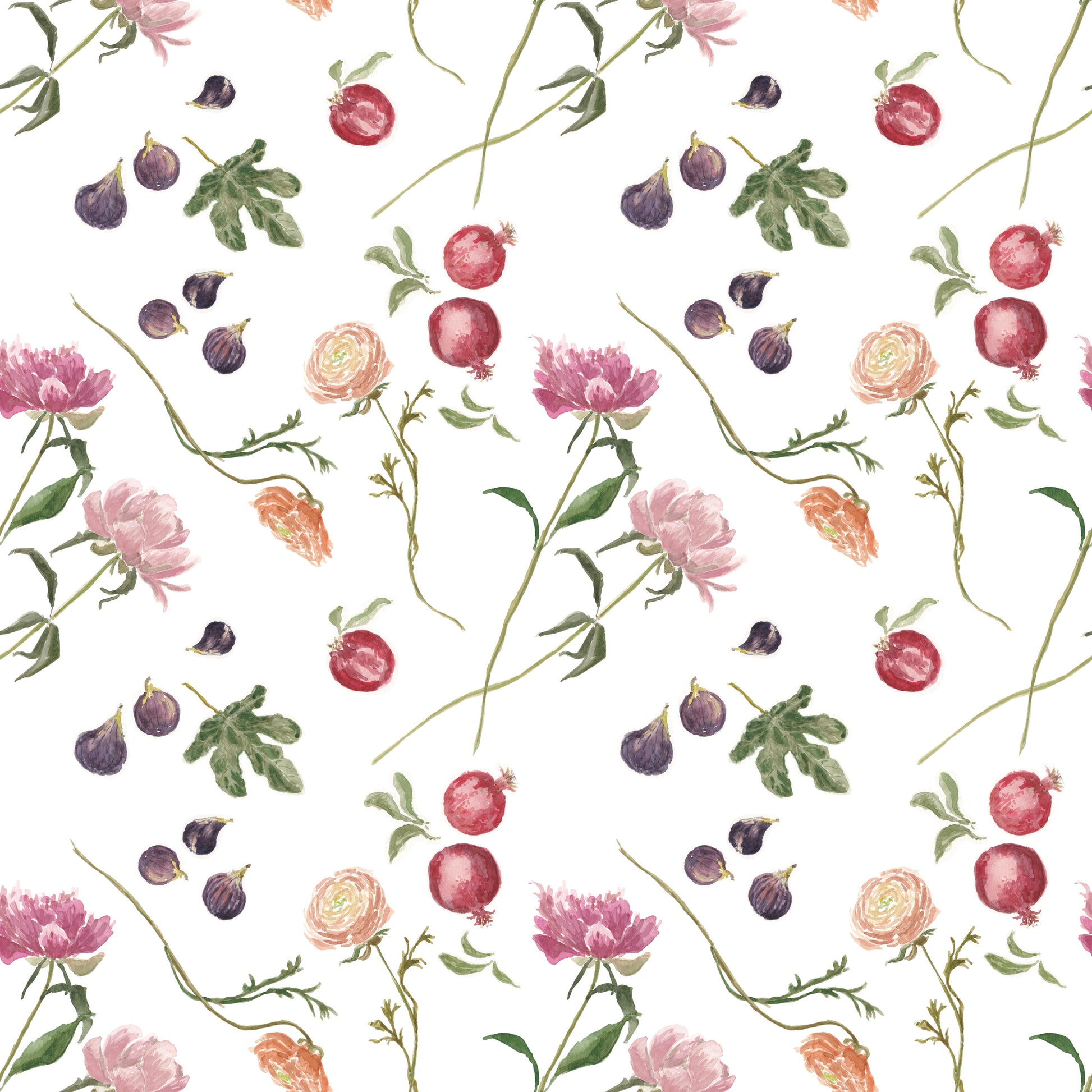 Madeleine tea towel with vibrant hand-painted watercolor pattern of peonies, ranunculus, figs and pomegranates.