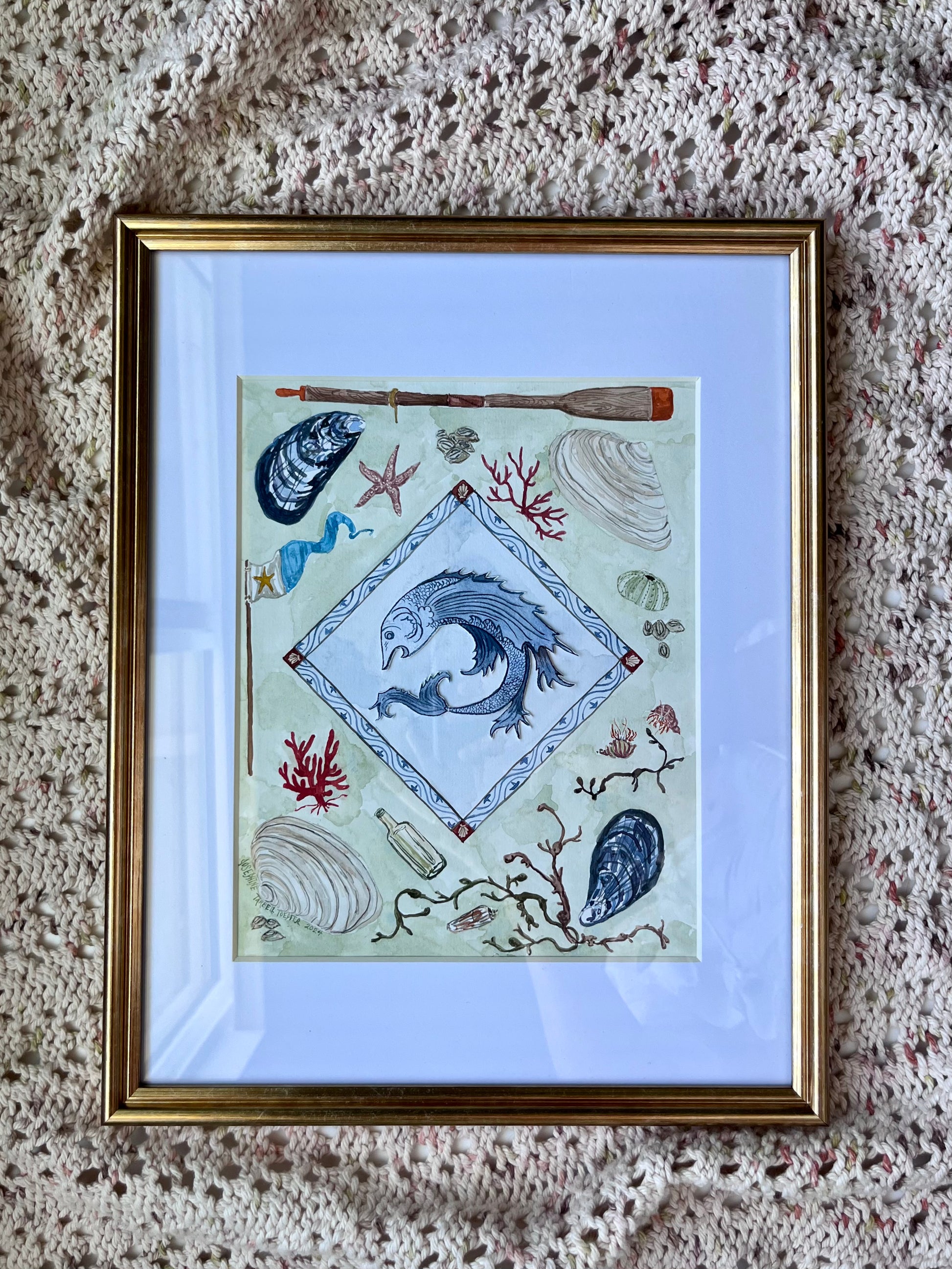 Signed original nautical painting with seaweed, clams, fish.