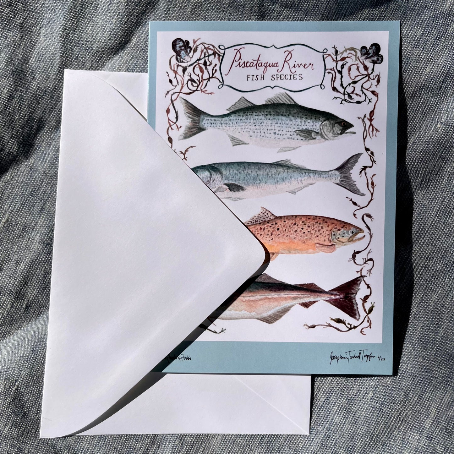 Hand painted greeting card with Piscataqua River fish including Striped Bass, Bluefish, Brown Trout &amp; Polluck with hand painted seaweed and Atlantic mussels shells.