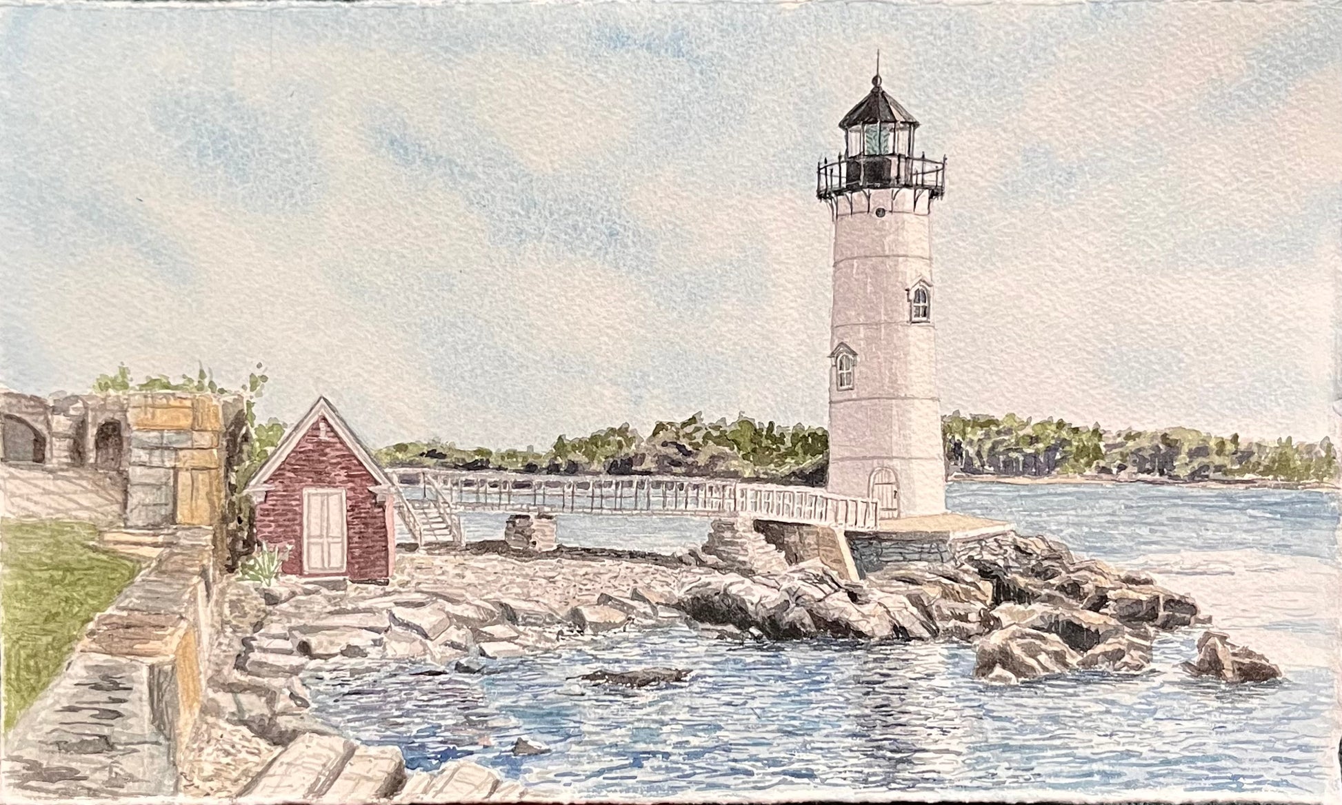 Original watercolor painting of Portsmouth Harbor Light (New Castle Light) in New Castle, NH.