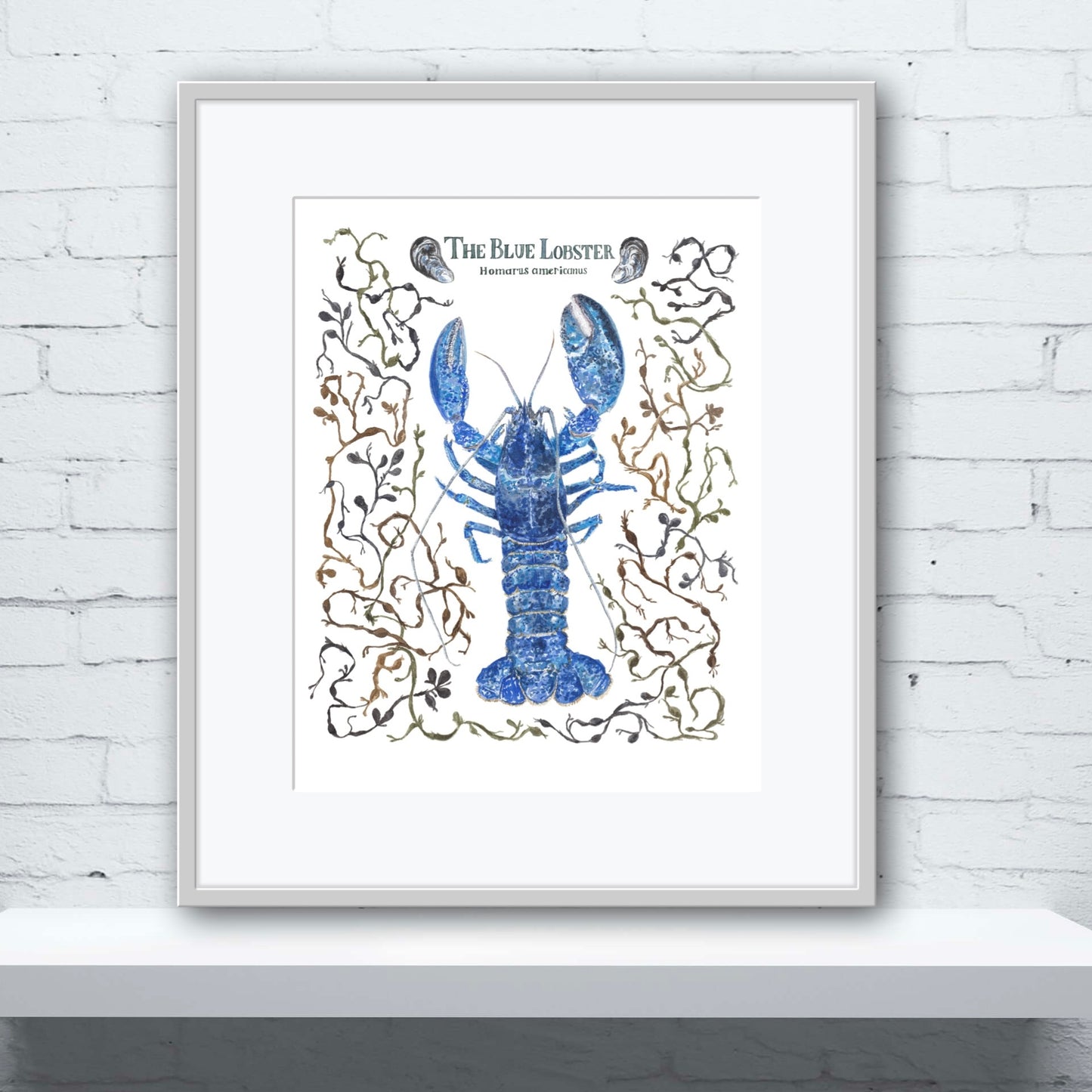 Hand painted art print with blue lobster, seaweed, and clams.