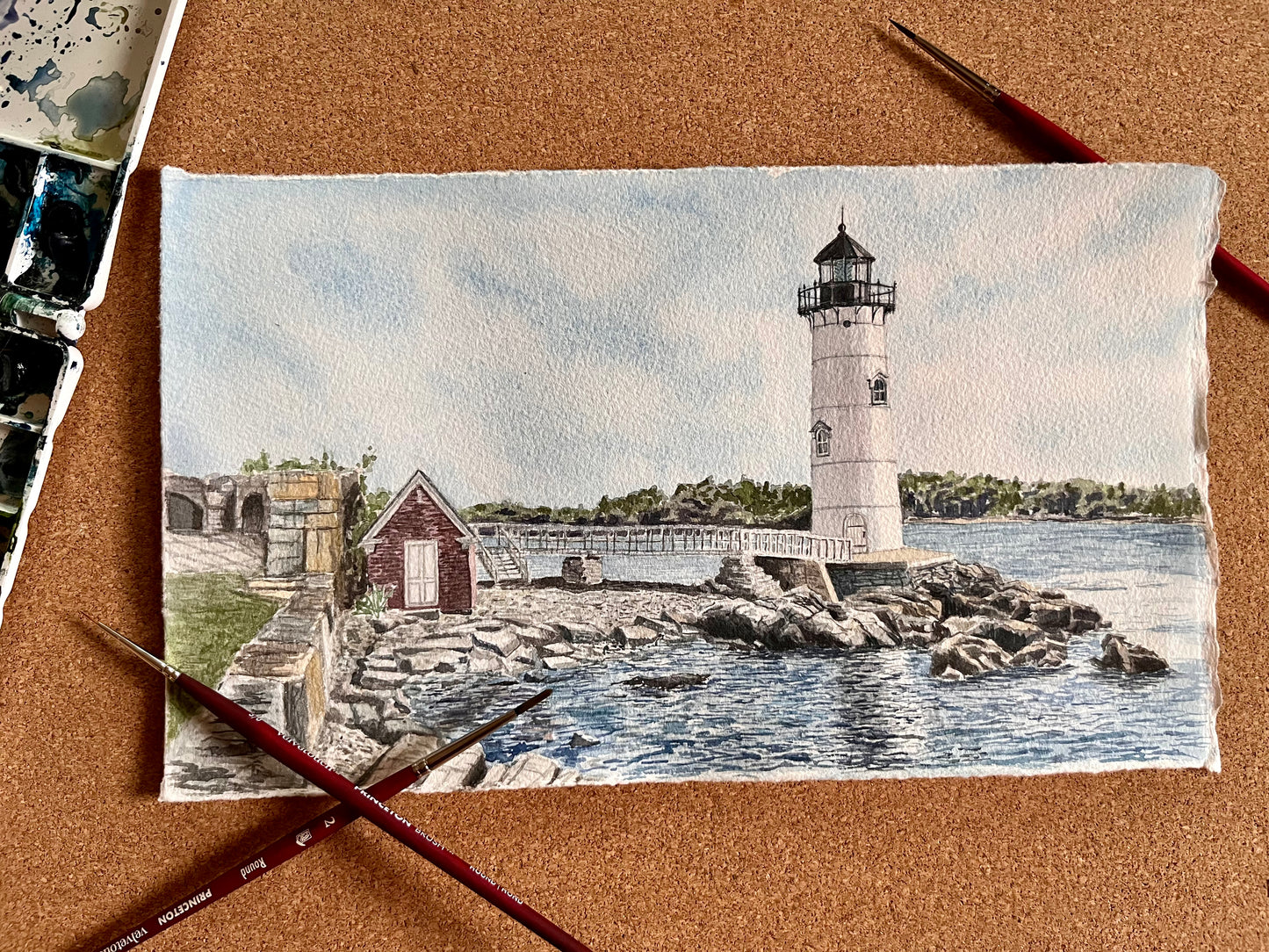 Original watercolor painting of Portsmouth Harbor Light (New Castle Light) in New Castle, NH.