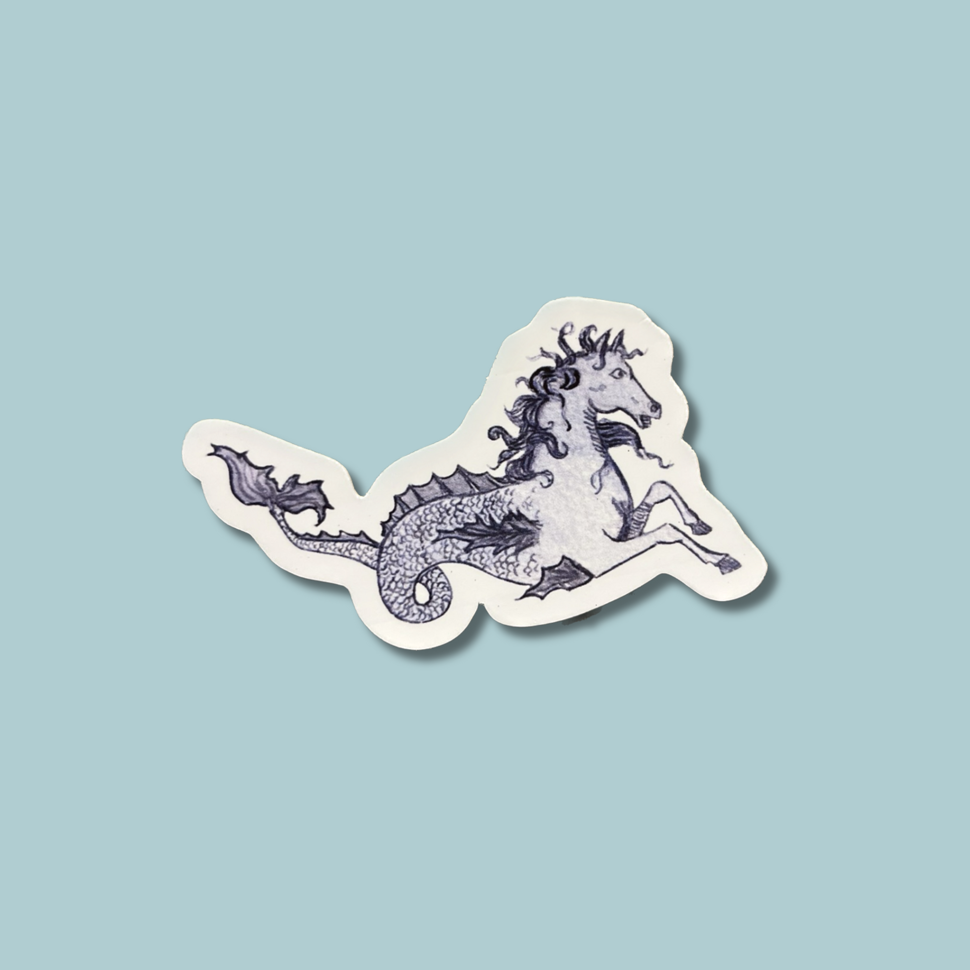 Dusty Blue sea horse sticker hand painted watercolor on waterproof vinyl. 